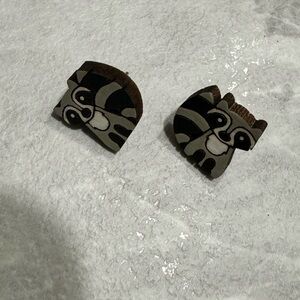 Wood Raccoon Design Earrings, New